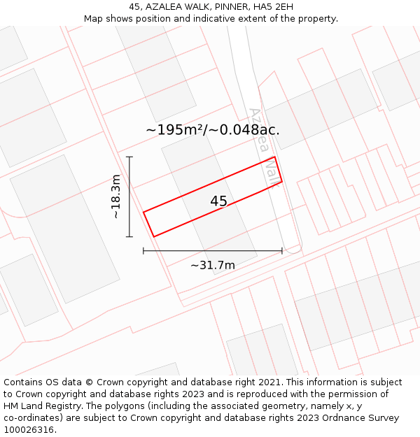 45, AZALEA WALK, PINNER, HA5 2EH: Plot and title map