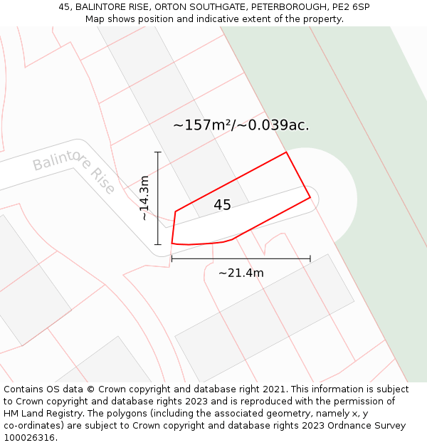 45, BALINTORE RISE, ORTON SOUTHGATE, PETERBOROUGH, PE2 6SP: Plot and title map