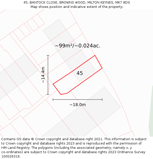 45, BANTOCK CLOSE, BROWNS WOOD, MILTON KEYNES, MK7 8DS: Plot and title map