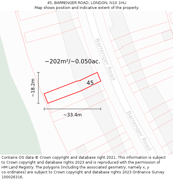 45, BARRENGER ROAD, LONDON, N10 1HU: Plot and title map