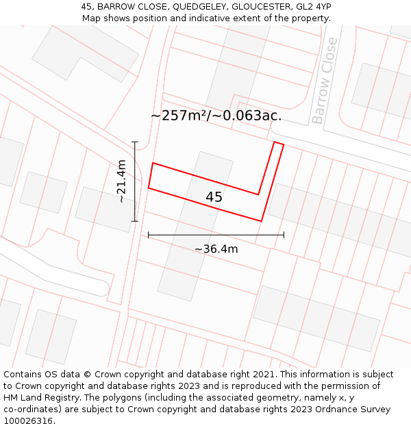 45, BARROW CLOSE, QUEDGELEY, GLOUCESTER, GL2 4YP: Plot and title map