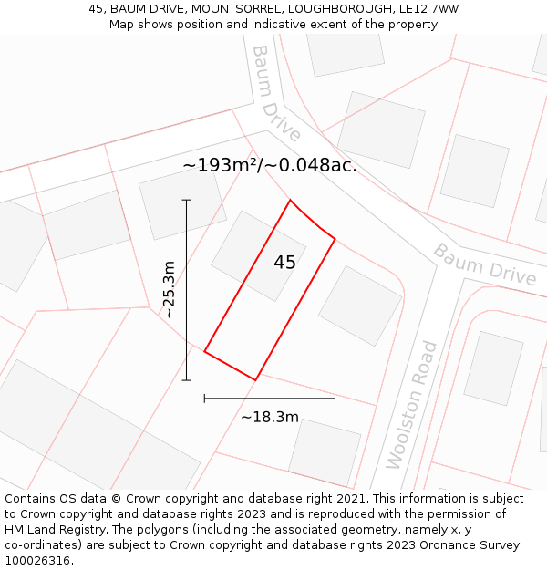 45, BAUM DRIVE, MOUNTSORREL, LOUGHBOROUGH, LE12 7WW: Plot and title map