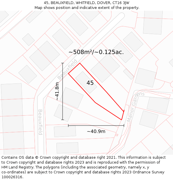 45, BEAUXFIELD, WHITFIELD, DOVER, CT16 3JW: Plot and title map