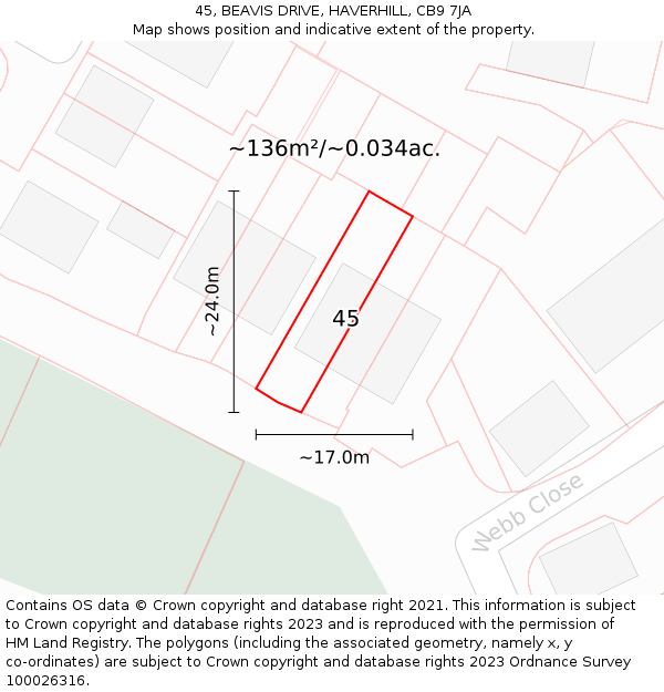 45, BEAVIS DRIVE, HAVERHILL, CB9 7JA: Plot and title map