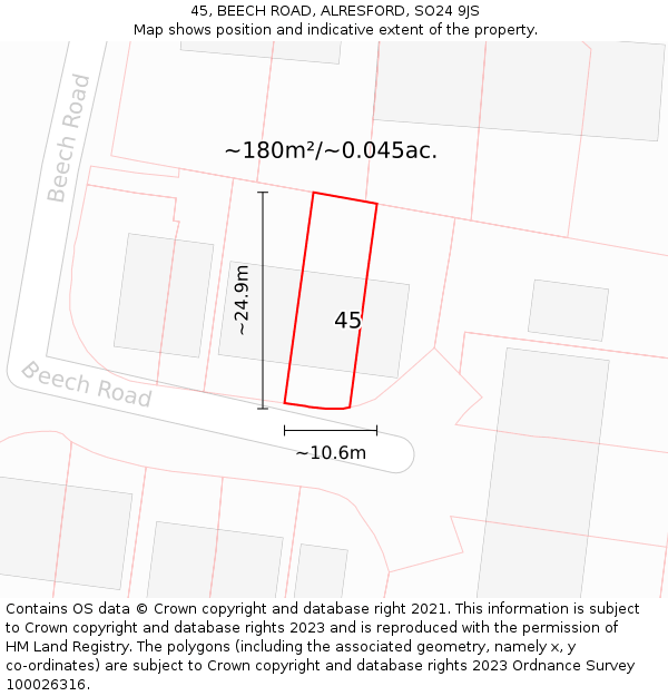 45, BEECH ROAD, ALRESFORD, SO24 9JS: Plot and title map