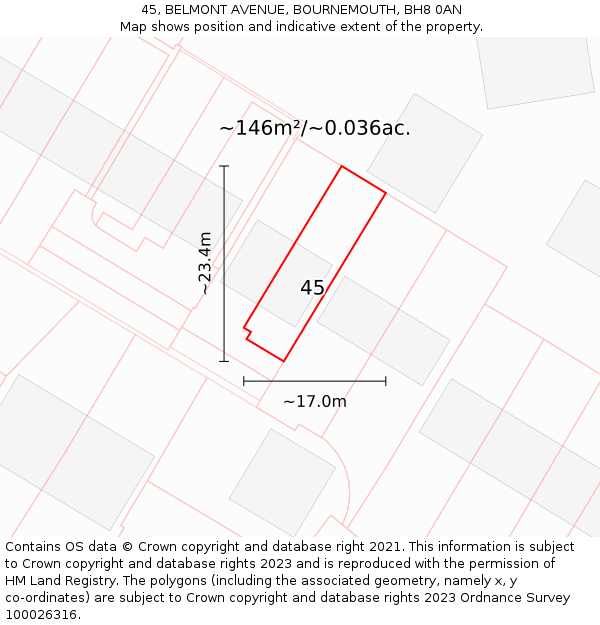 45, BELMONT AVENUE, BOURNEMOUTH, BH8 0AN: Plot and title map