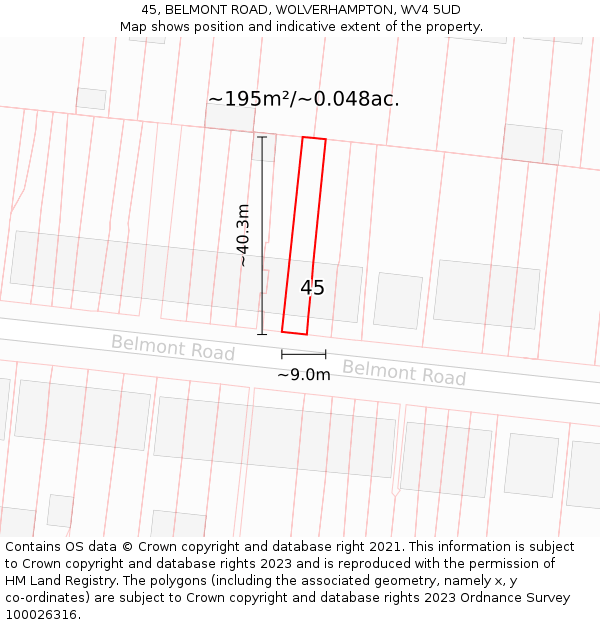 45, BELMONT ROAD, WOLVERHAMPTON, WV4 5UD: Plot and title map
