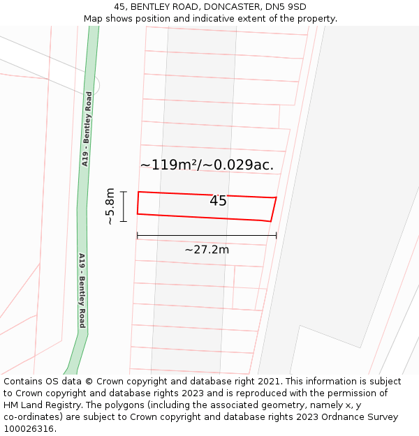 45, BENTLEY ROAD, DONCASTER, DN5 9SD: Plot and title map