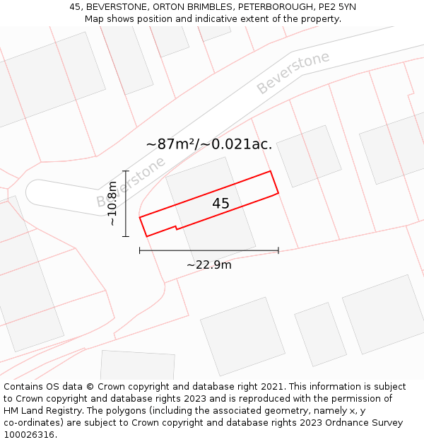 45, BEVERSTONE, ORTON BRIMBLES, PETERBOROUGH, PE2 5YN: Plot and title map
