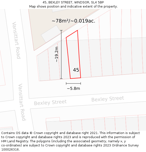 45, BEXLEY STREET, WINDSOR, SL4 5BP: Plot and title map