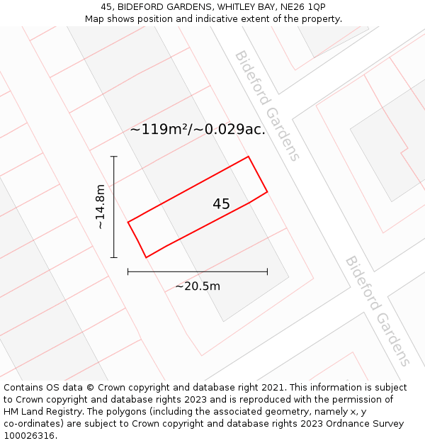 45, BIDEFORD GARDENS, WHITLEY BAY, NE26 1QP: Plot and title map
