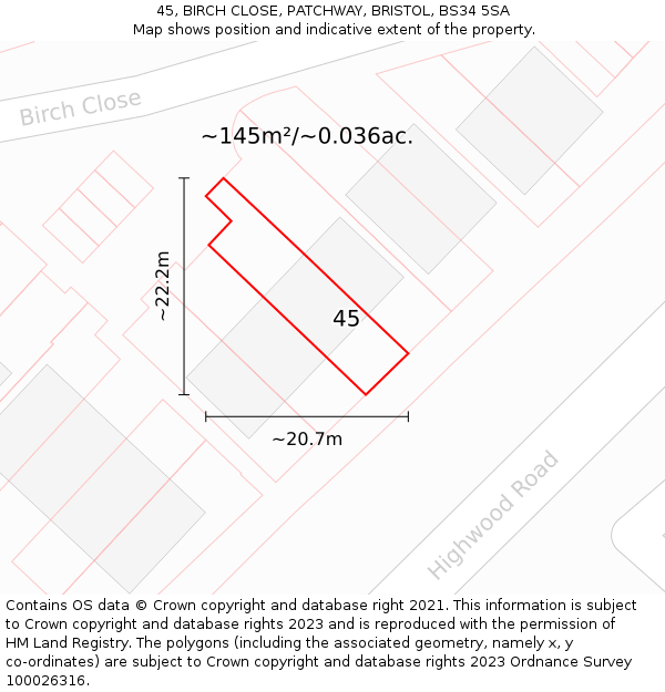 45, BIRCH CLOSE, PATCHWAY, BRISTOL, BS34 5SA: Plot and title map