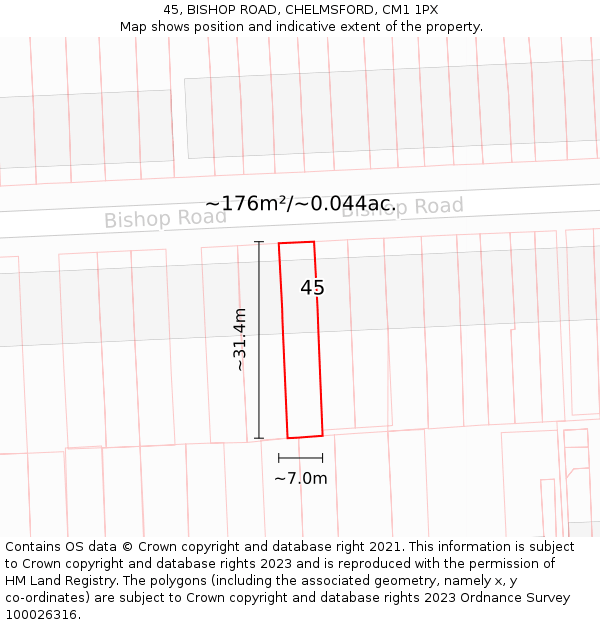 45, BISHOP ROAD, CHELMSFORD, CM1 1PX: Plot and title map