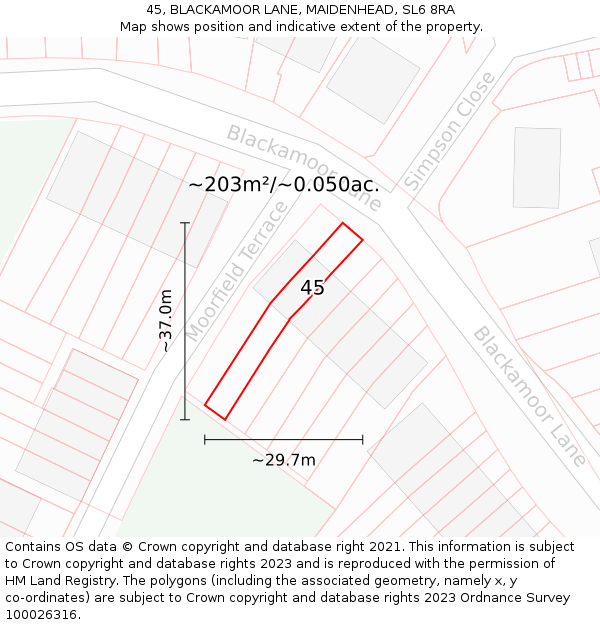 45, BLACKAMOOR LANE, MAIDENHEAD, SL6 8RA: Plot and title map