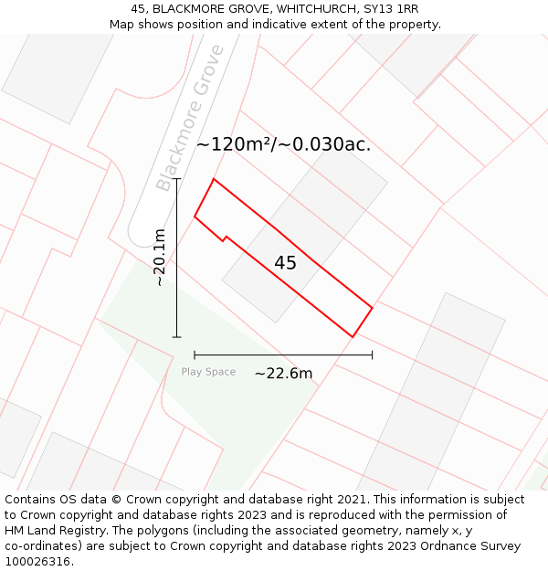 45, BLACKMORE GROVE, WHITCHURCH, SY13 1RR: Plot and title map