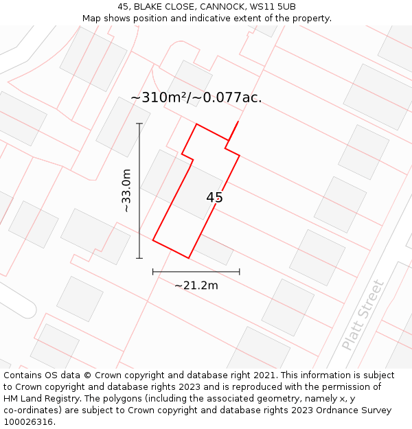 45, BLAKE CLOSE, CANNOCK, WS11 5UB: Plot and title map