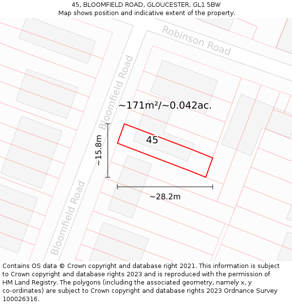45, BLOOMFIELD ROAD, GLOUCESTER, GL1 5BW: Plot and title map