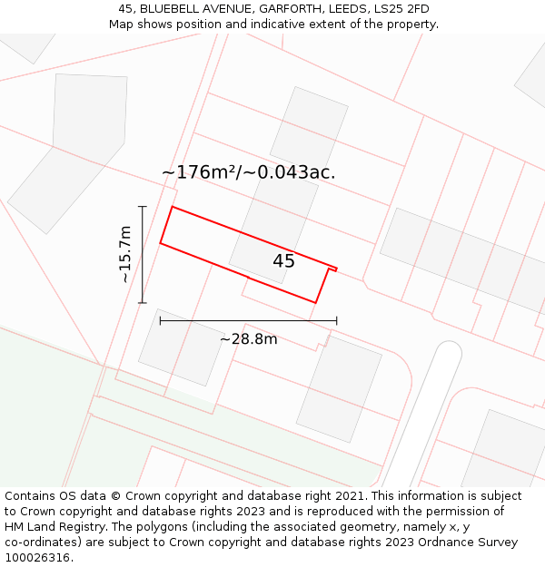 45, BLUEBELL AVENUE, GARFORTH, LEEDS, LS25 2FD: Plot and title map