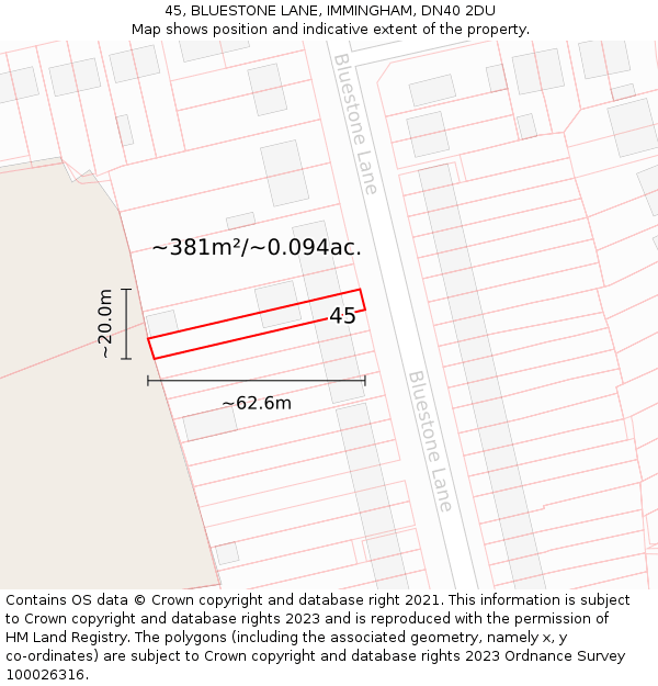 45, BLUESTONE LANE, IMMINGHAM, DN40 2DU: Plot and title map