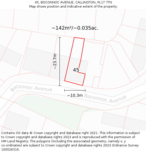 45, BOCONNOC AVENUE, CALLINGTON, PL17 7TN: Plot and title map