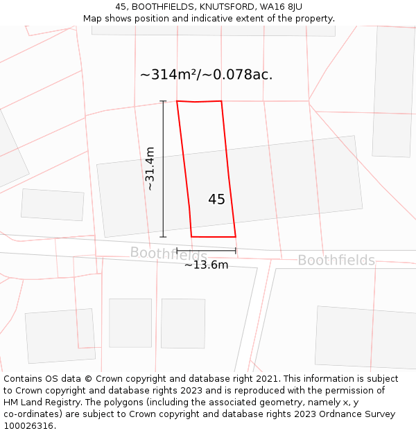 45, BOOTHFIELDS, KNUTSFORD, WA16 8JU: Plot and title map