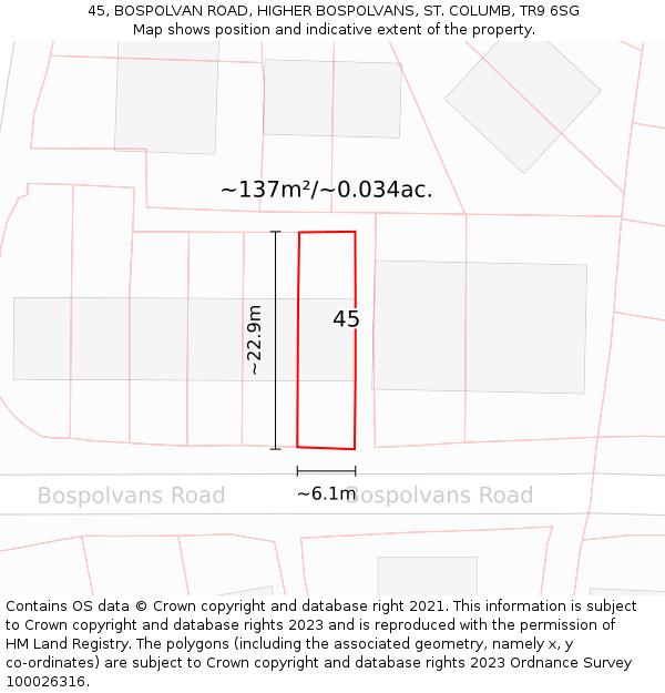 45, BOSPOLVAN ROAD, HIGHER BOSPOLVANS, ST. COLUMB, TR9 6SG: Plot and title map