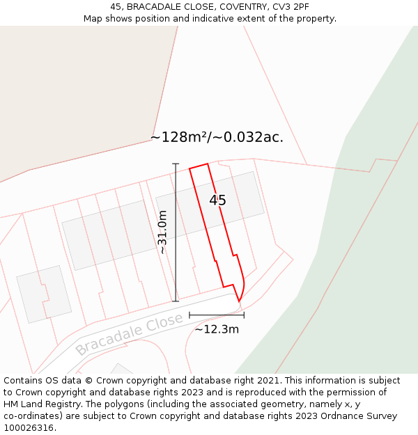 45, BRACADALE CLOSE, COVENTRY, CV3 2PF: Plot and title map