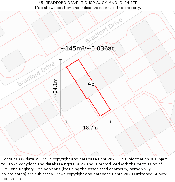45, BRADFORD DRIVE, BISHOP AUCKLAND, DL14 8EE: Plot and title map