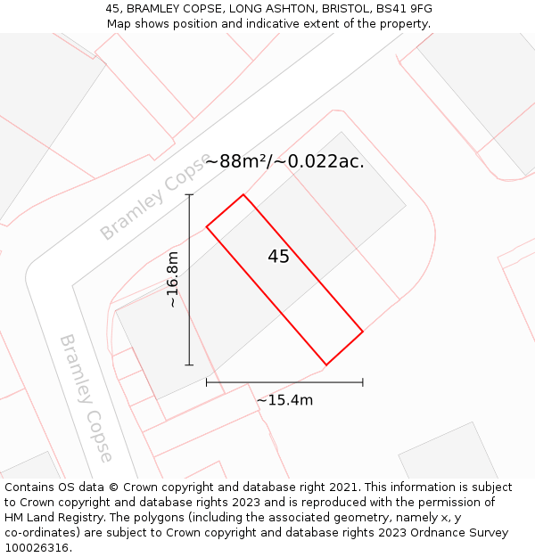45, BRAMLEY COPSE, LONG ASHTON, BRISTOL, BS41 9FG: Plot and title map