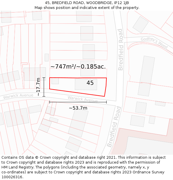 45, BREDFIELD ROAD, WOODBRIDGE, IP12 1JB: Plot and title map