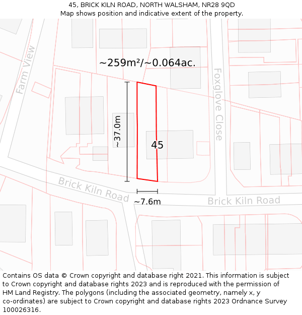 45, BRICK KILN ROAD, NORTH WALSHAM, NR28 9QD: Plot and title map