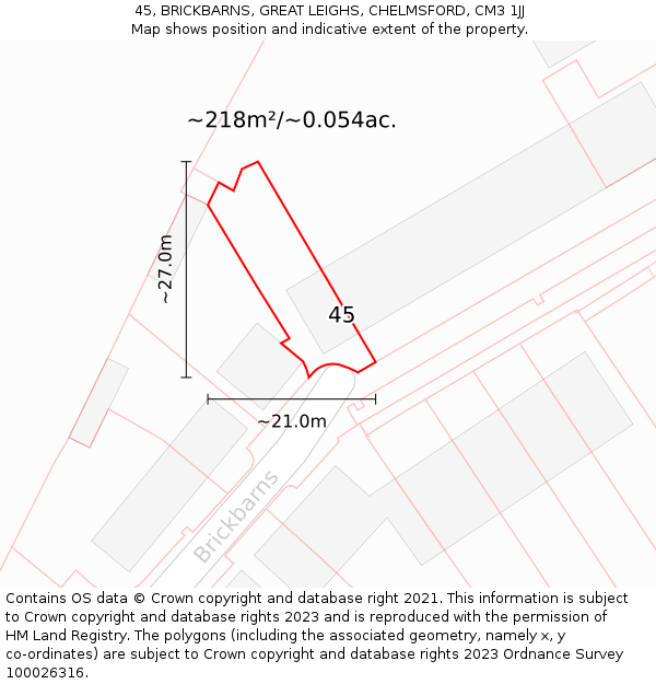45, BRICKBARNS, GREAT LEIGHS, CHELMSFORD, CM3 1JJ: Plot and title map
