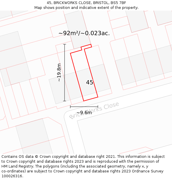 45, BRICKWORKS CLOSE, BRISTOL, BS5 7BF: Plot and title map