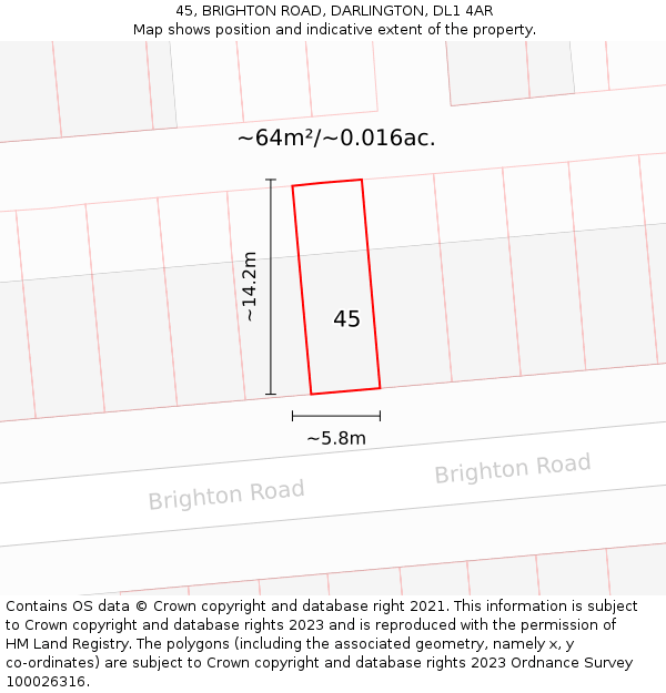 45, BRIGHTON ROAD, DARLINGTON, DL1 4AR: Plot and title map