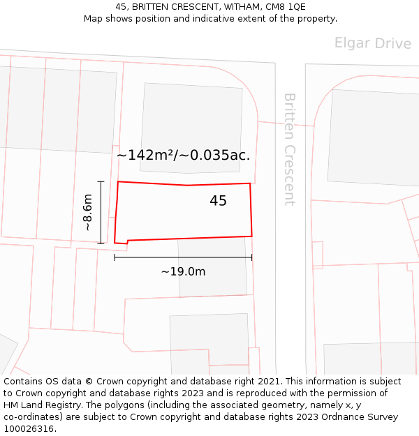 45, BRITTEN CRESCENT, WITHAM, CM8 1QE: Plot and title map