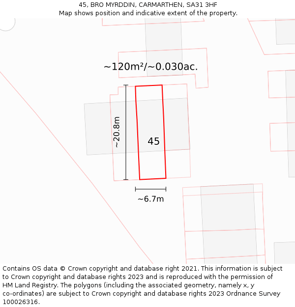 45, BRO MYRDDIN, CARMARTHEN, SA31 3HF: Plot and title map
