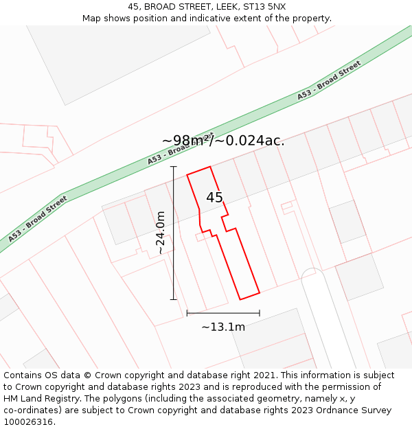 45, BROAD STREET, LEEK, ST13 5NX: Plot and title map