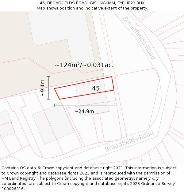 45, BROADFIELDS ROAD, GISLINGHAM, EYE, IP23 8HX: Plot and title map
