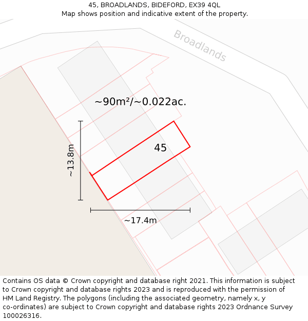 45, BROADLANDS, BIDEFORD, EX39 4QL: Plot and title map