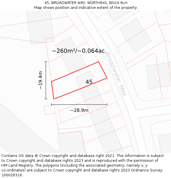 45, BROADWATER WAY, WORTHING, BN14 9LH: Plot and title map