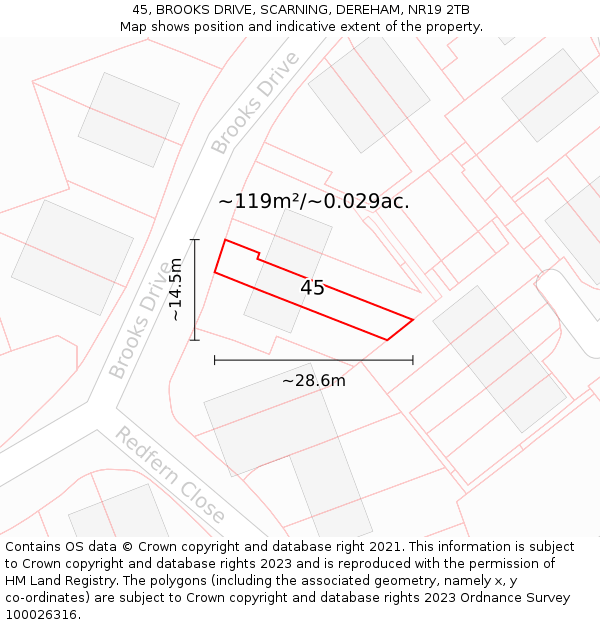 45, BROOKS DRIVE, SCARNING, DEREHAM, NR19 2TB: Plot and title map