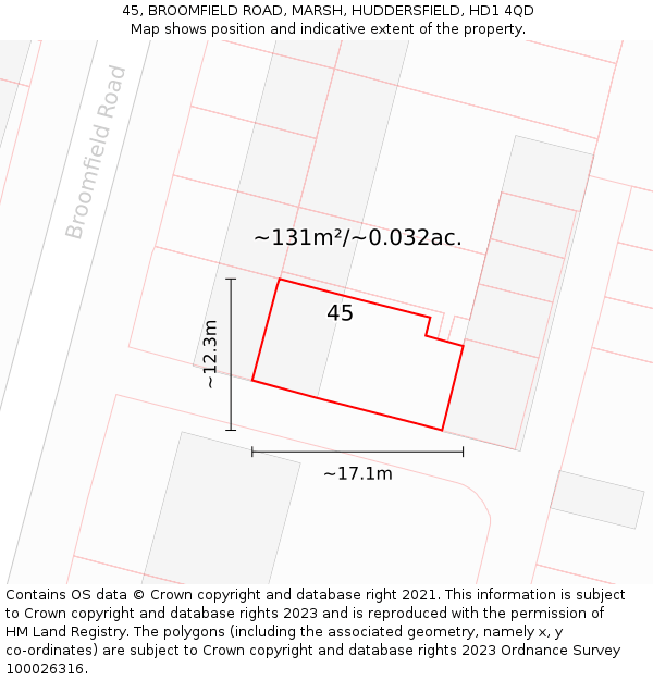 45, BROOMFIELD ROAD, MARSH, HUDDERSFIELD, HD1 4QD: Plot and title map