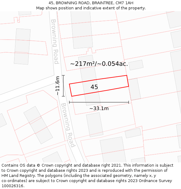 45, BROWNING ROAD, BRAINTREE, CM7 1AH: Plot and title map