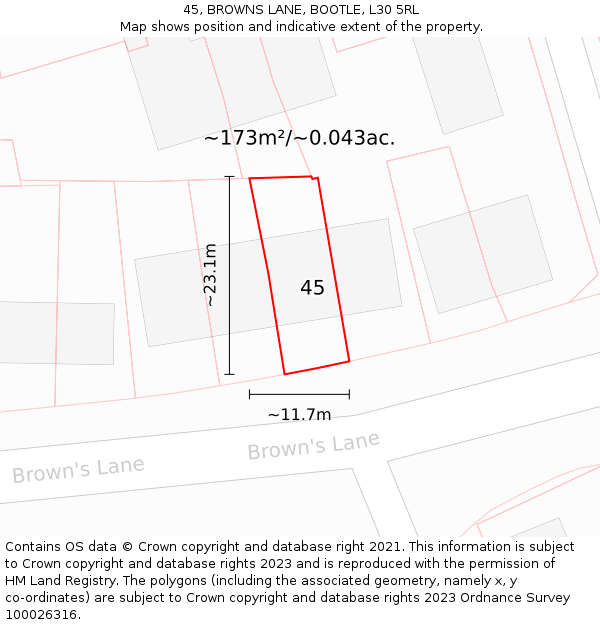 45, BROWNS LANE, BOOTLE, L30 5RL: Plot and title map