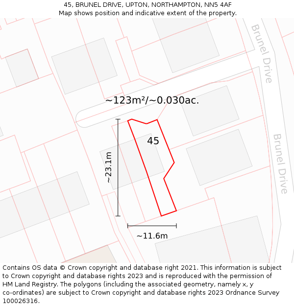 45, BRUNEL DRIVE, UPTON, NORTHAMPTON, NN5 4AF: Plot and title map
