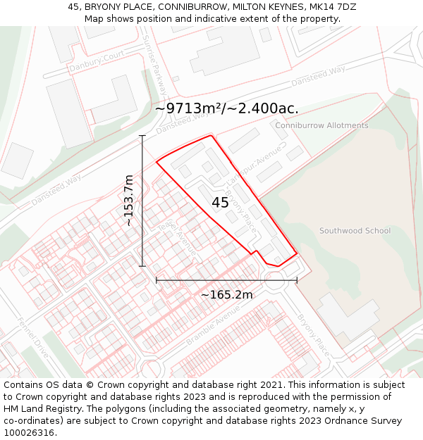 45, BRYONY PLACE, CONNIBURROW, MILTON KEYNES, MK14 7DZ: Plot and title map