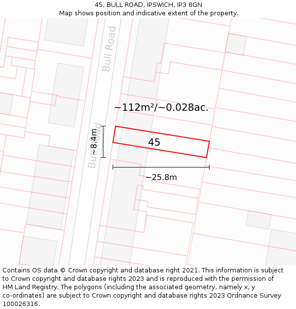 45, BULL ROAD, IPSWICH, IP3 8GN: Plot and title map