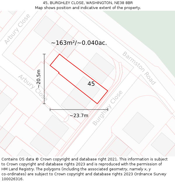 45, BURGHLEY CLOSE, WASHINGTON, NE38 8BR: Plot and title map