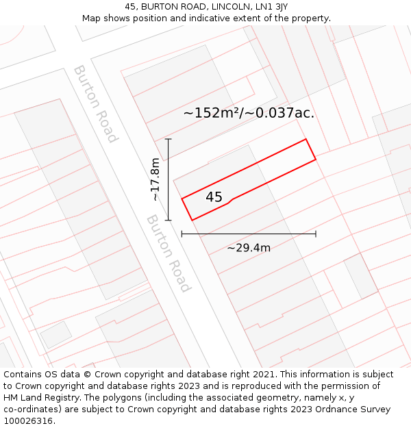 45, BURTON ROAD, LINCOLN, LN1 3JY: Plot and title map