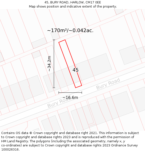 45, BURY ROAD, HARLOW, CM17 0EE: Plot and title map